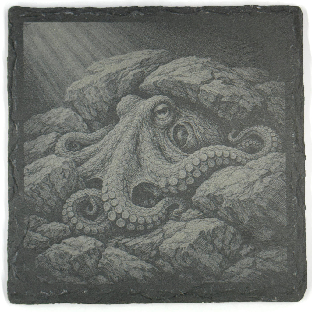 Octopus Among Rocks and Reefs, Set of 4 Laser Engraved Slate Coasters