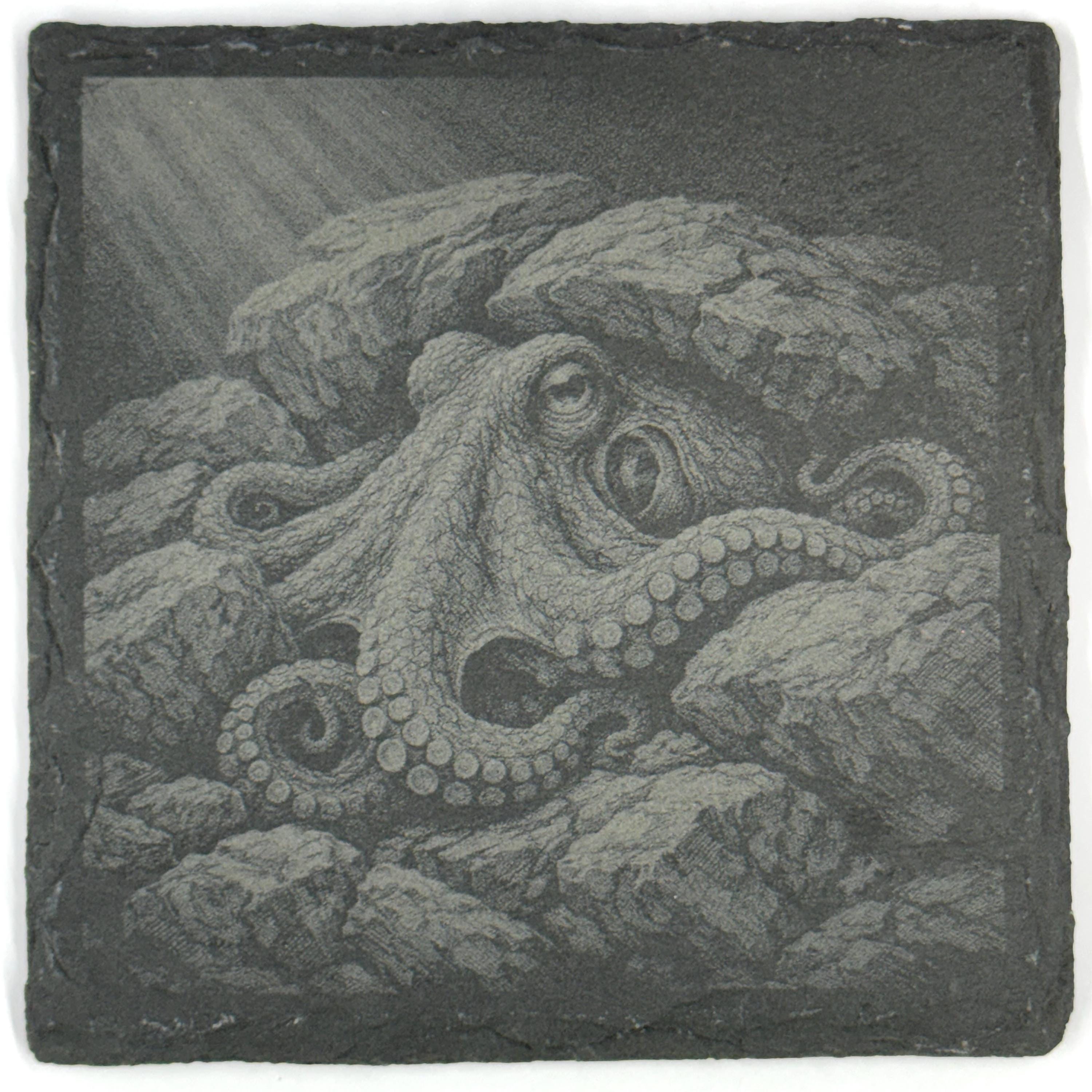 Octopus Among Rocks and Reefs, Set of 4 Laser Engraved Slate Coasters