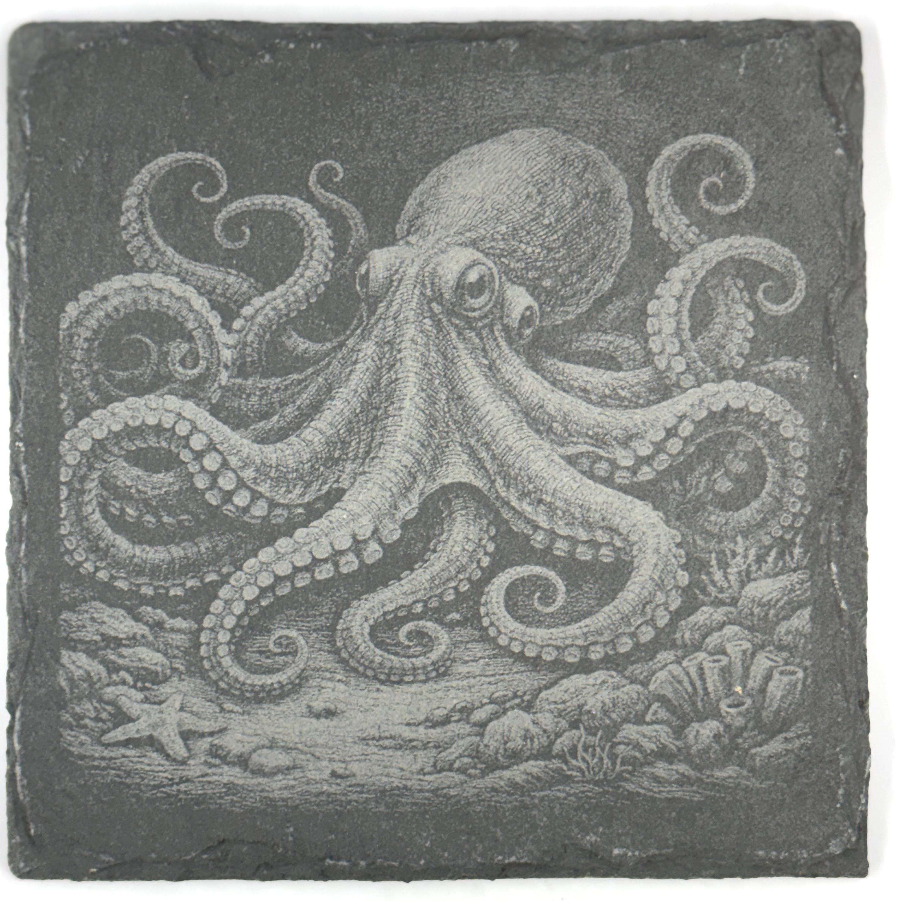 Octopus Among Rocks and Reefs, Set of 4 Laser Engraved Slate Coasters