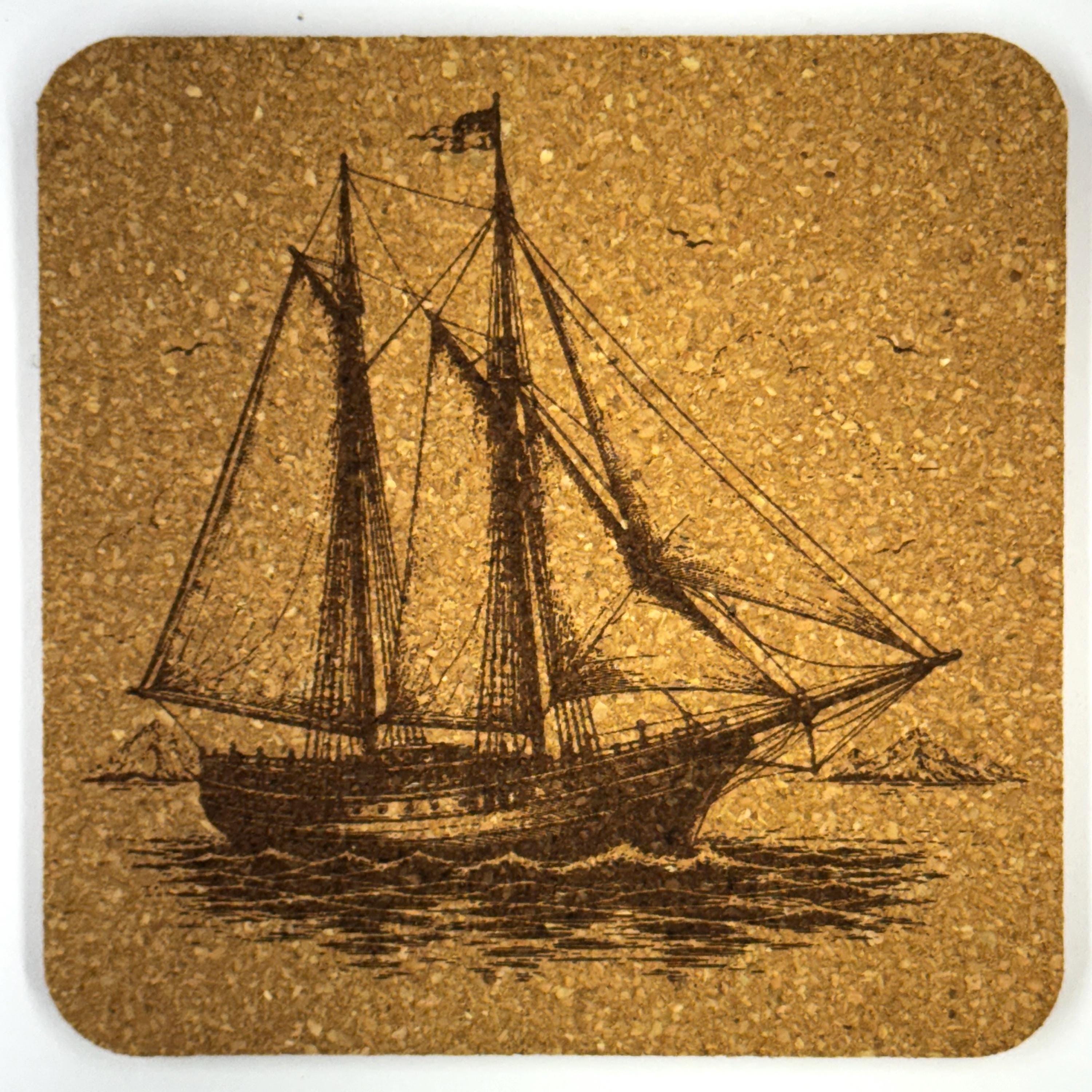 Pirate Ships Nautical Decor, Set of 4 Laser Engraved Cork Coasters