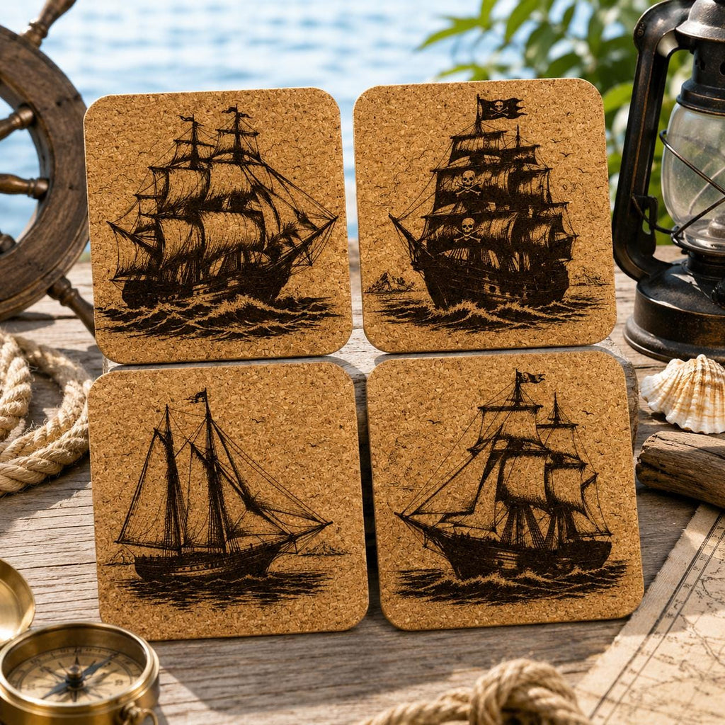 Pirate Ships Nautical Decor, Set of 4 Laser Engraved Cork Coasters