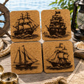 Pirate Ships Nautical Decor, Set of 4 Laser Engraved Cork Coasters