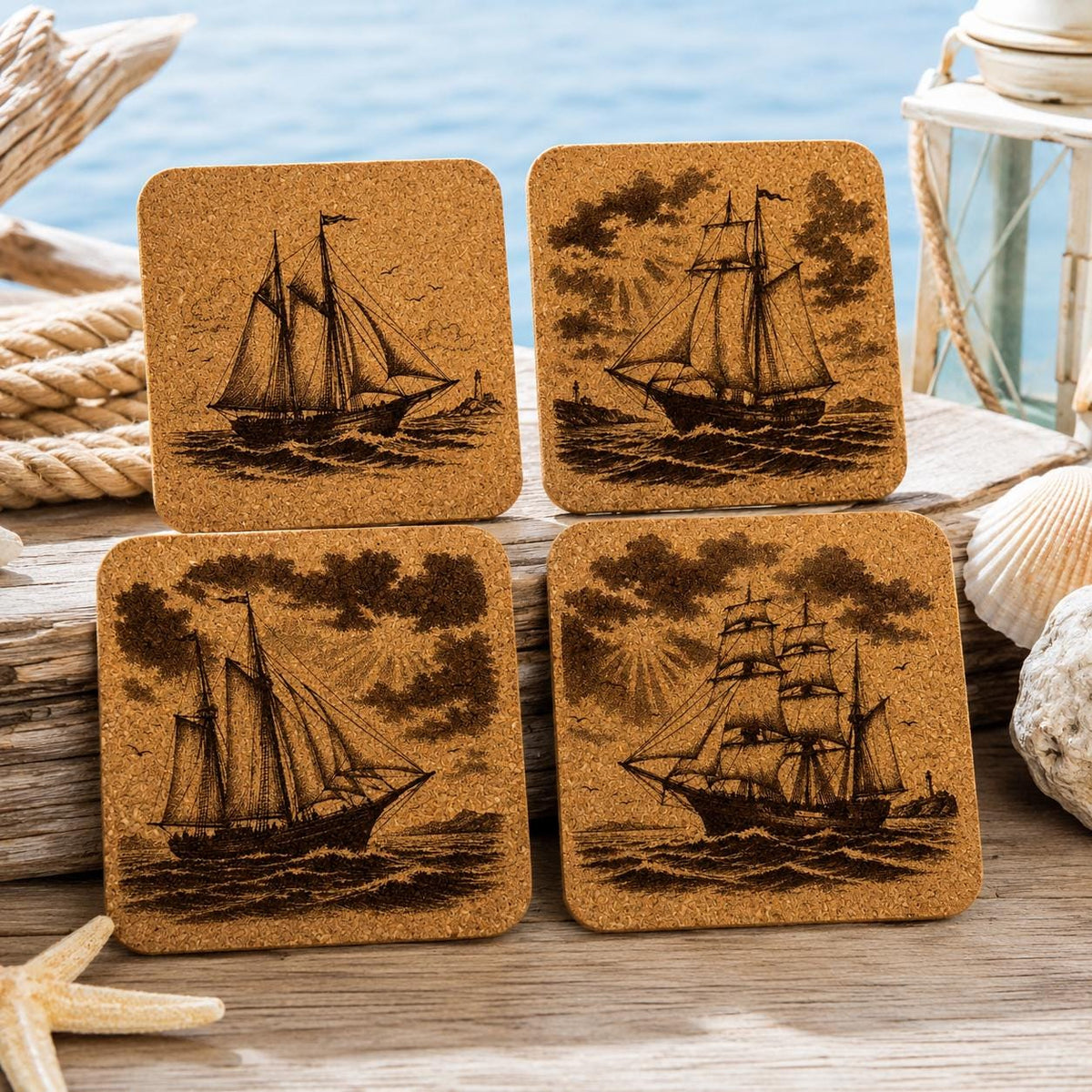 Vintage Sailing Ships Nautical Decor, Set of 4 Laser Engraved Cork Coasters