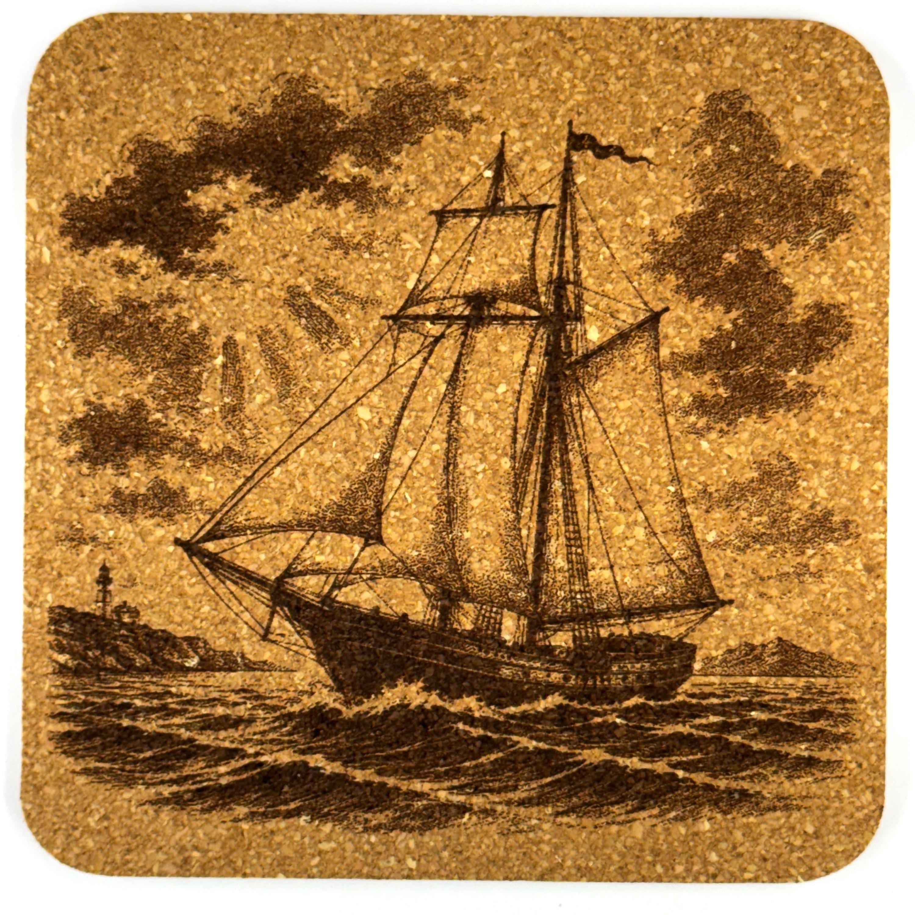 Vintage Sailing Ships Nautical Decor, Set of 4 Laser Engraved Cork Coasters