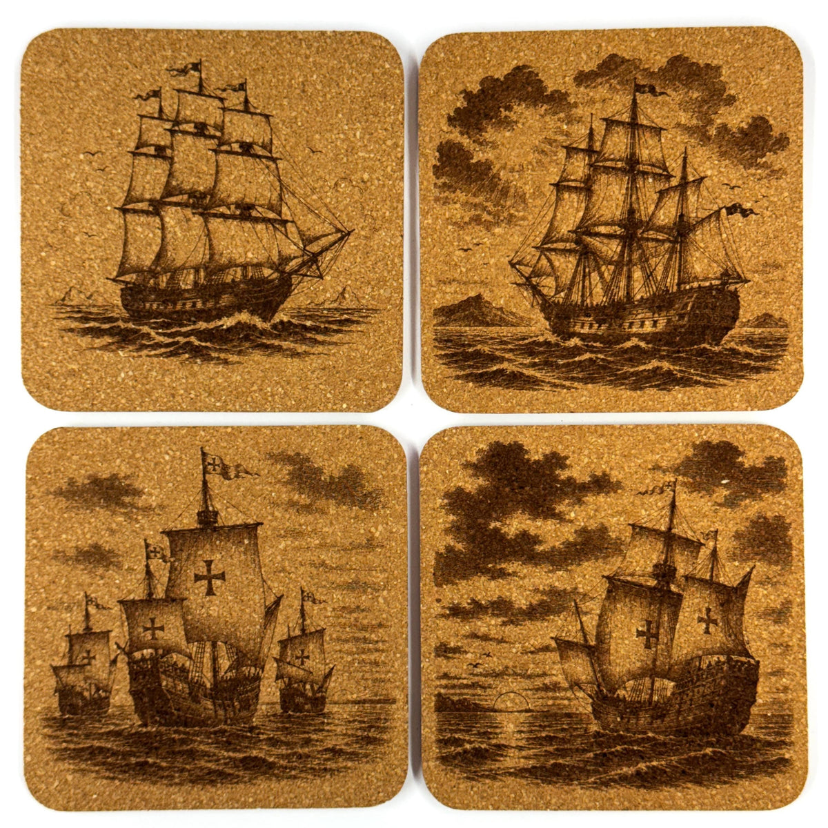 Historic Sailing Ships Nautical Decor, Set of 4 Laser Engraved Cork Coasters