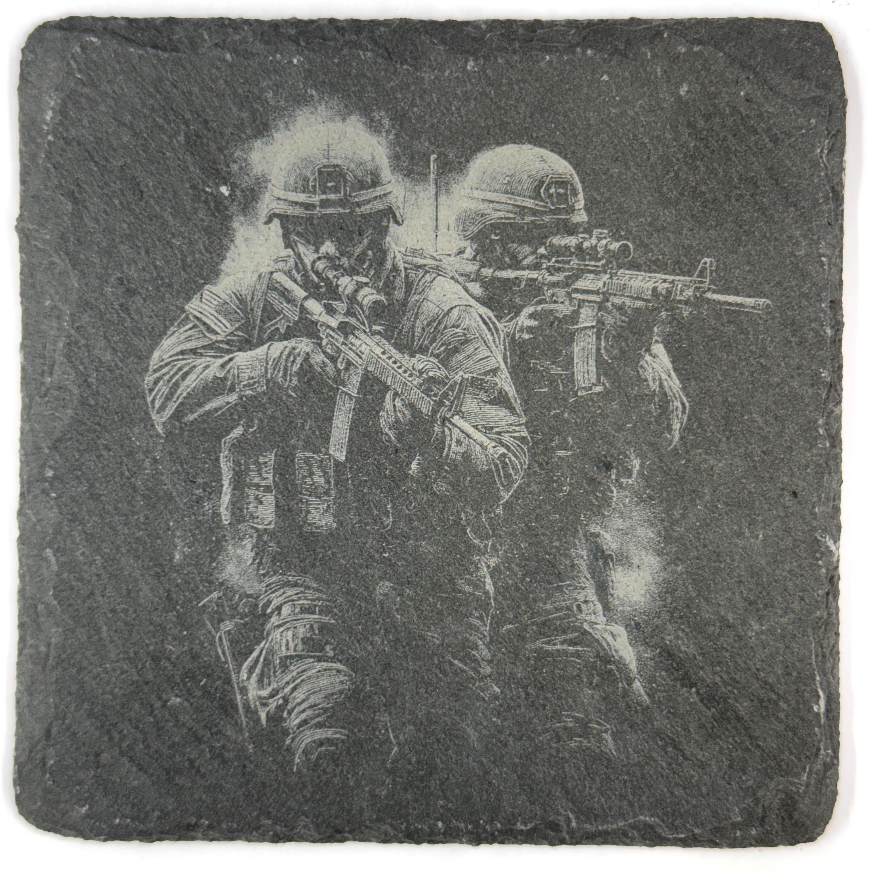 Military Soldier Tactical Combat Designs – Set of 4 Laser Engraved Slate Coasters