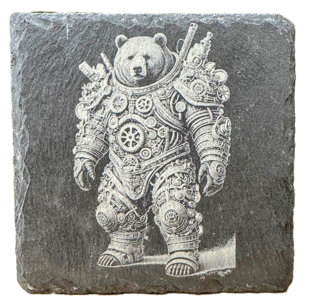 Laser engraved steampunk armored bear slate coaster