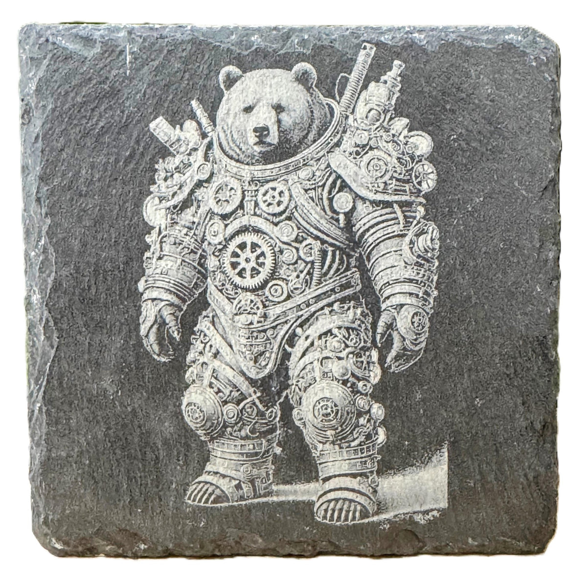 Laser engraved steampunk armored bear slate coaster