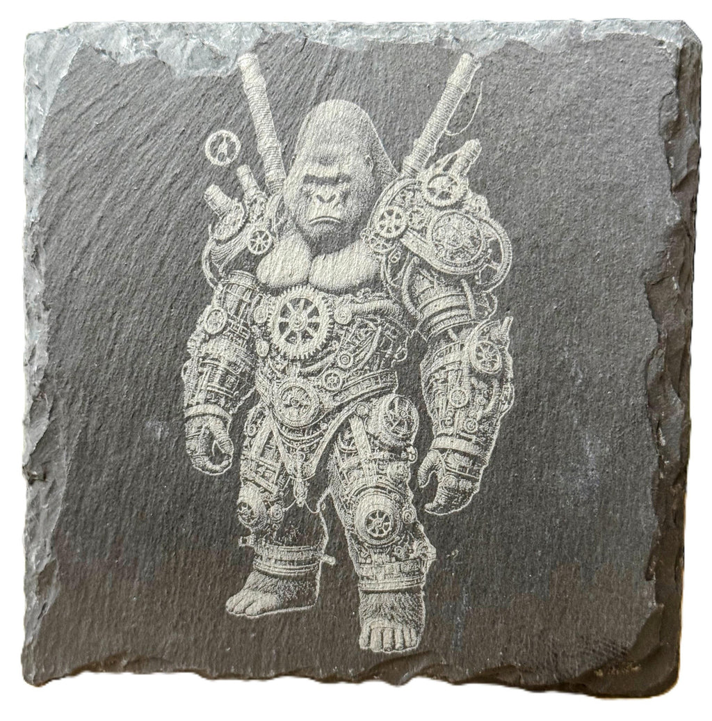 Laser engraved steampunk armored gorilla slate coaster
