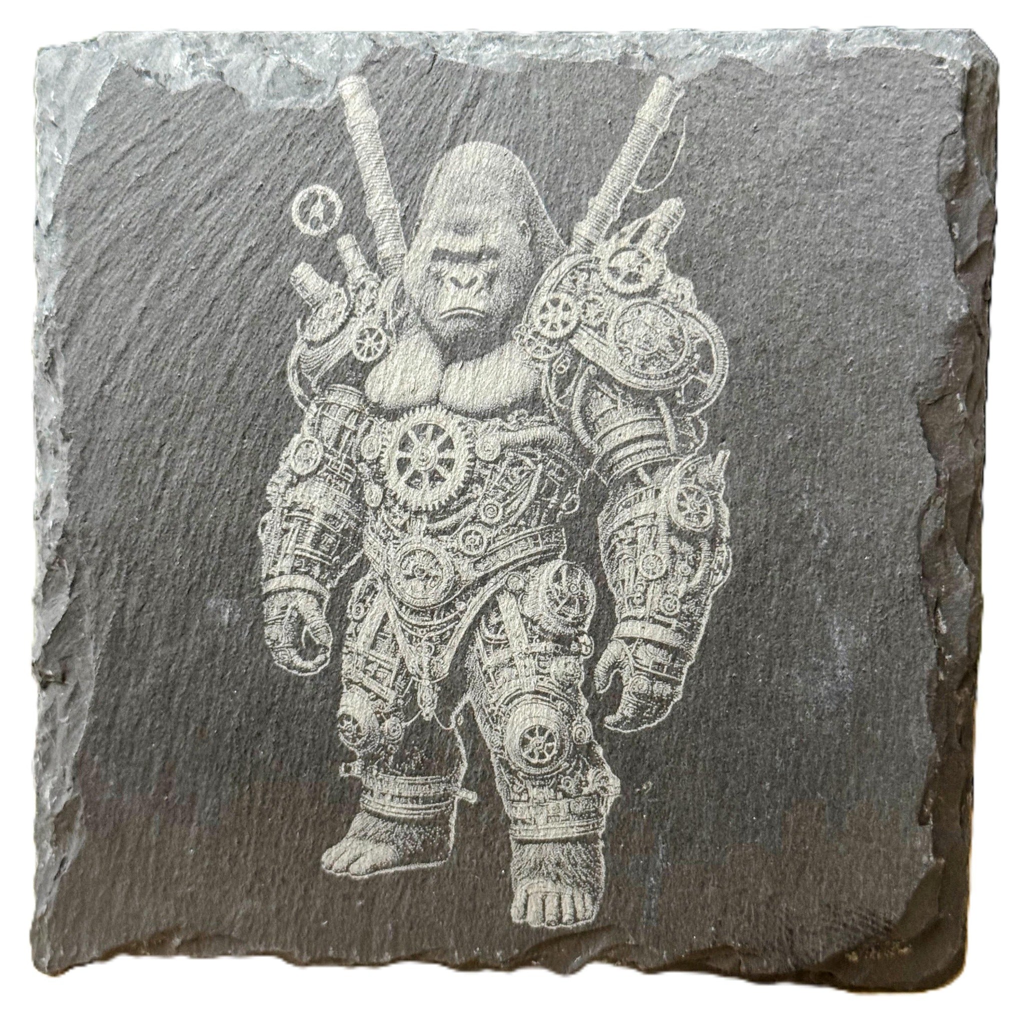 Laser engraved steampunk armored gorilla slate coaster