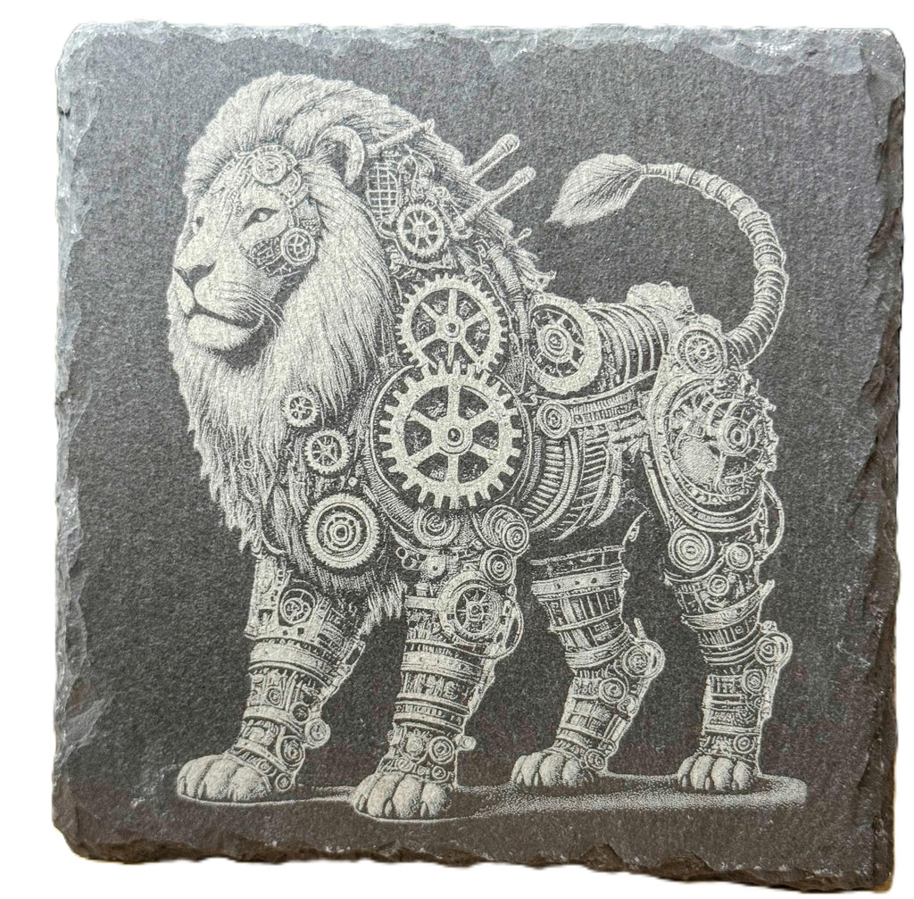 Laser engraved steampunk armored lion slate coaster