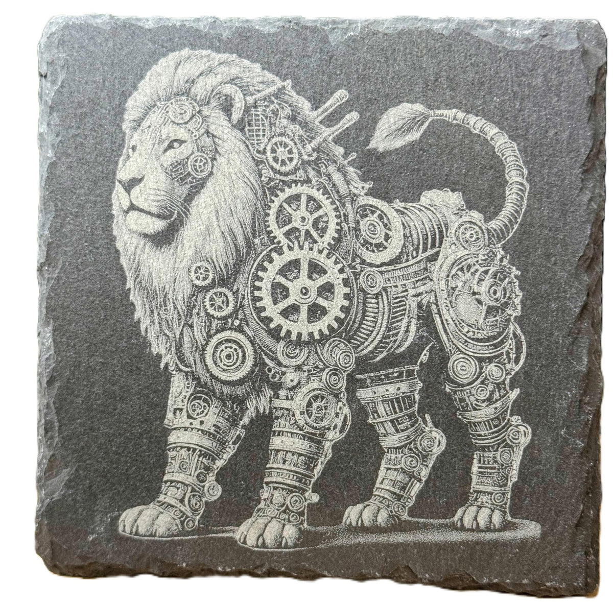 Laser engraved steampunk armored lion slate coaster