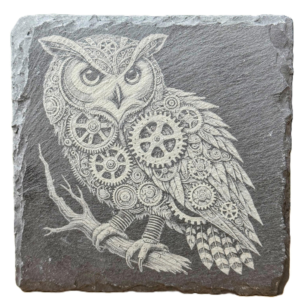 Laser engraved steampunk owl slate coaster