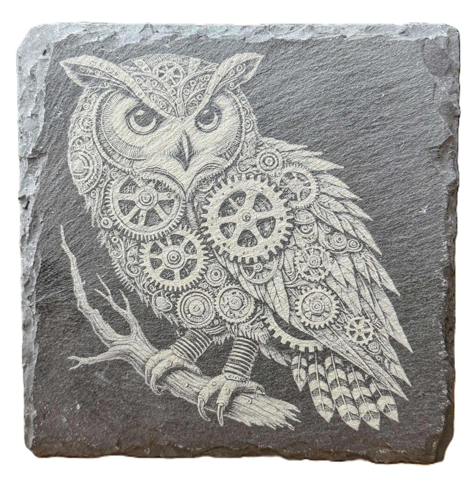 Laser engraved steampunk owl slate coaster