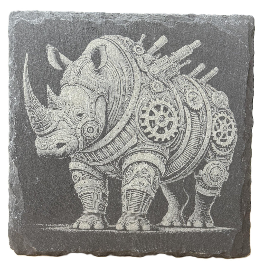Laser engraved steampunk armored rhino slate coaster