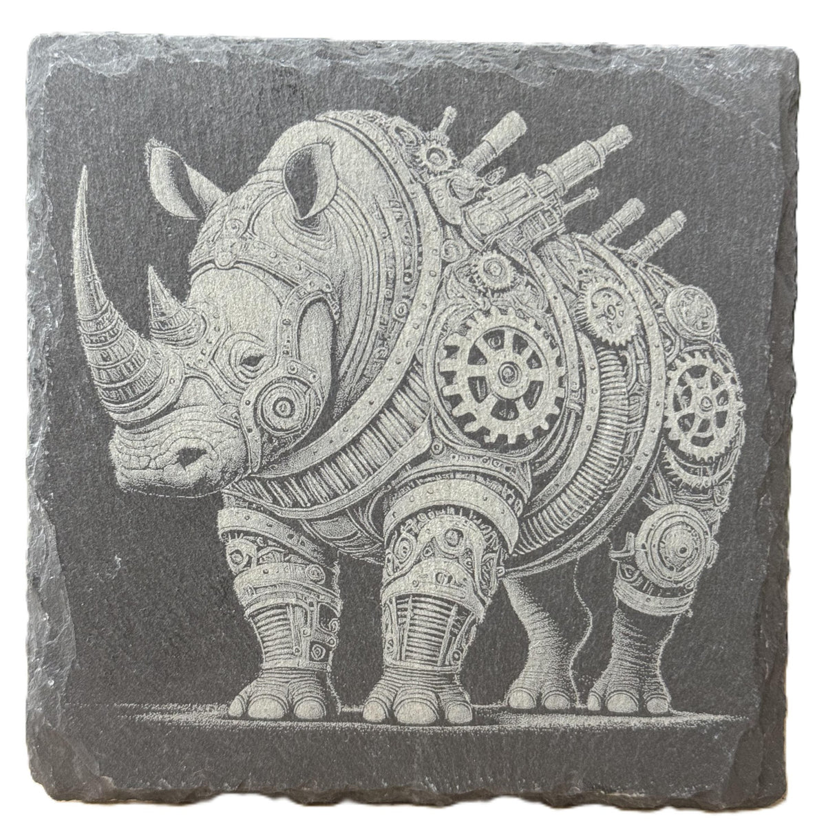 Laser engraved steampunk armored rhino slate coaster